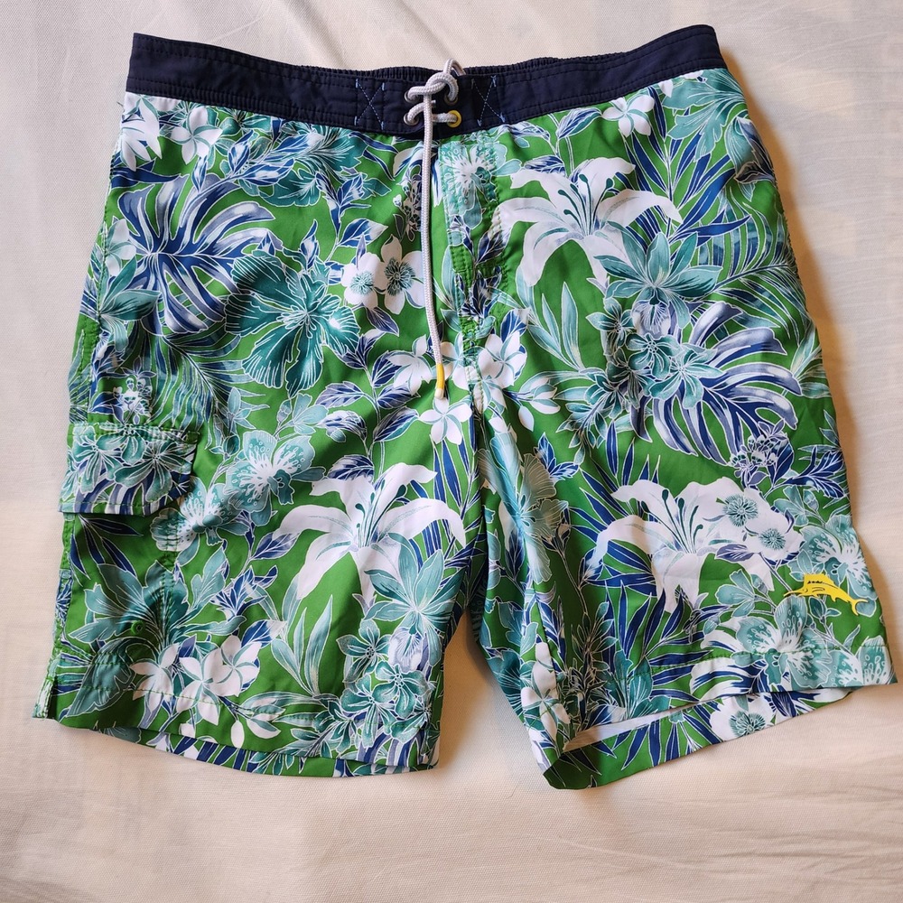 Tommy Bahama Swim Trunks Mens L Green Floral Tropical Cargo Boardshort Pool Beac